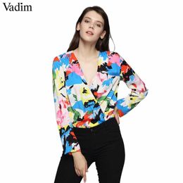 Women V Neck Floral Colourful Print Bodysuits Cross Design Long Sleeve Playsuits Female Streetwear Tops Blusas Kz1203 Q190507