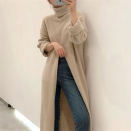 Korea Chic Autumn and Winter Niche Design High Neck Pullover Loose Casual Split Over The Knee Long Sweater Women GX1257 210506