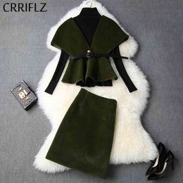 Winter Women Set Full Sleeve Turtlenck Pullover Cape Single-Breasted Coat Hip Skirt 3 Piece Fashion Patry Dress 210520