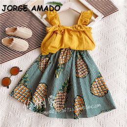 Korean Style Summer Kids Girls 2-pcs Sets Sleeveless Sling Shirts + Pineapple Printing Skirts Fashion Clothes E1001 210610