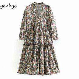 Women Multicolor Vintage Floral Print Midi Dress Long Sleeve V Neck Gathered Detail Pleated Casual Summer OZZ9417 210514