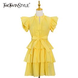 Elegant Patchwork Ruffle Female Dress Stand Collar Short Sleeve High Waist Bowknot Summer Dresses For Women Fashion 210520