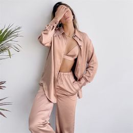 Restve Satin Pajamas For Women 3 Piece Set Turn Down Collar Long Sleeve Tops Bra Female Sets With Pants Solid Home Wear Casual 211112