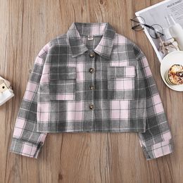 Fashion Baby Girls Jackets Spring Autumn Middle Child Jacket With Long Sleeves And Lapels In Pink White Stripe Checked Print Kids Girl Clothes Outerwear