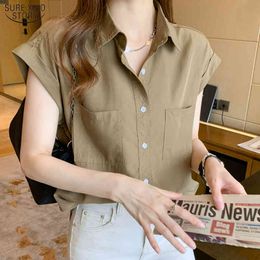 Casual Vintage Pockets Blouse Tops Summer Cotton Single Breasted Women Shirts Plus Size Solid Female Clothing 14171 210415