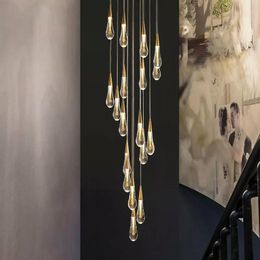 Pendant Lamps Modern Crystal Chandelier Golden Luxury Villa Living Room Dining Staircase Indoor Lighting Rope Raindrop