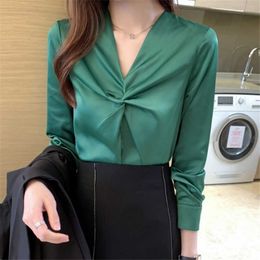 Korean Women Blouses Chiffon Blouse Shirts for Casual Woman V Neck Fold Long Sleeve Tops Plus Size XXL 210604
