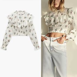 ZA Floral Print Ruffle Crop Blouse Women Long Puff Sleeve Smocked Elastic Hem Vintage Top Woman Chic Open Opening Shirt 210602