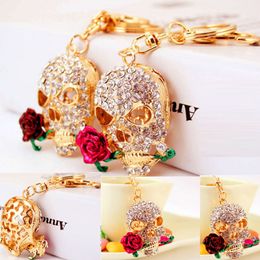 Lovely Rhinestone Crystal rose flowers skull Keychain Keyring Pendant flowers skull Key Chain Ring Holder Alloy Keychains