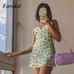 Cherry Print Satin Summer Dress Women Lace Up Strap Short Beach Holiday V Neck French Green Backless Mini 210427