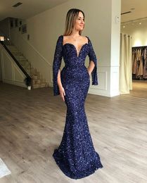 navy blue Luxury Party Elegant Woman Evening dresses mermaid long sleeves sweetheart Plus Size Slim Printed prom Gowns Suitable for Formal Parties