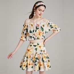 Summer Women Flower Printing Two Piece Set Sexy Slash Neck Elasticity Short Tops + Hight Waist A Line Draped Short Skirt Suit 210514