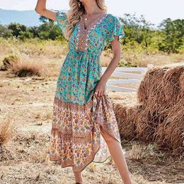 INSPIRED turquoise maxi dress for women floral print V-neck flare sleeve summer dress new bohemian style beach dress 210412