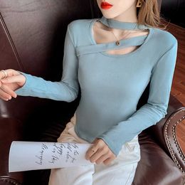Korean Top Womens Clothing Spring Solid Hollow Out Tshirt Sexy V Neck Long Sleeve T-shirt Women Black Blue Tee Shirt Femme 210604