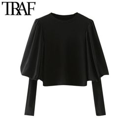 TRAF Women Fashion Patchwork Cropped Blouses Vintage O Neck Lantern Sleeve Female Shirts Blusas Chic Tops 210415