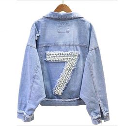 PERHAPS U Women Short Cropped Blue Jacket Long Sleeves Denim Jackets Beading Pearl Seven 7 C0078 210529