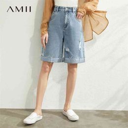 Minimalism Spring Summer Causal Cotton Women Denim Pants Fashion High Waist Loose Knee-length Female Ripped Jeans 12030185 210527