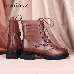 SOPHITINA Women Boots Casual Premium Leather Ankle Boots Cross-tied Round Toe Square Heel Non-slip Office Ladies Shoes C850 210513