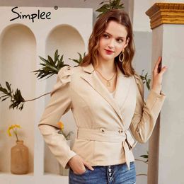 Elegant light apricot autumn winter Office lady puff sleeve v-neck women jacket Fashion belt short coat 210414