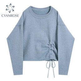 Spring Women's Crop Pullover Blue Sweater Drawstring Lace Up Long Sleeve O-Neck Jumper Knitwear Female Rok Loose Knit Tops 210417