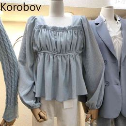 Korobov Vintage Square Collar Puff Sleeve Shirts Korean Chic Solid Elegant Blusas Mujer Office Lady Chiffon Blouses 210430