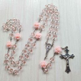 QIGO Pink Rose Crystal Rosary Necklace Catholic Vintage Cross Pendant Long Necklace Religious Jewellery G1206