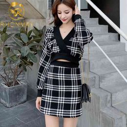 Elegant New 2 Piece Outfits Women V Neck Long Sleeve Sweater High Waist Pencil Skirts Korean Fashion Plaid Sets 210330