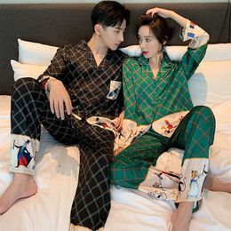 Unisex Adult Couple Pyjamas Summer Long-sleeved 2 Pieces Ice Silk Female Cartoon Pyjamas Set Long Sleeve Men Home Service Suit 211110