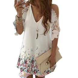 Sexy V Neck Lace Half Sleeve Floral Print Loose Dress Women Causal Off Shoulder Mini Female Sling Party es Plus Size 210522