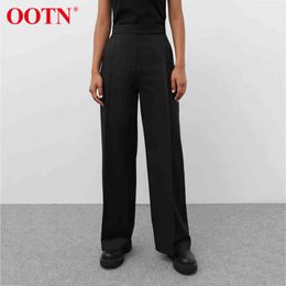 OOTN Office Lady Black Straight Trousers Women Zipper Pocket Pleated Buttons Pants For Work High Waist Autumn 211124
