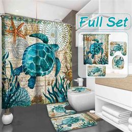 Sea Turtles 4 In 1 Waterproof Fabric Bathroom 3D Shower Curtain Set with Non Slip Toilet Cover Rugs Mat Home Decoration 210402