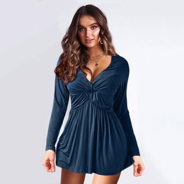 Casual Dresses Modern Blue Spring Long Sleeve Dress Women V-Neck Straight Female Short Streetwear Ladies Clothes