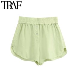 TRAF Women Chic Fashion Buttons Decorative Loose Shorts Vintage High Elastic Waist Female Short Pants Pantalones Cortos 210415
