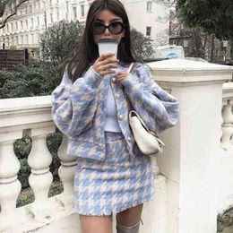 Vintage Button Check Gingham Plaid Blazer Dress Suits High Waist Skirts Sets Autumn Winter Purple 2 Pieces Set outfits 210427