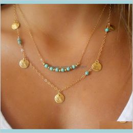 Pendants Vintage Boho Turquoise Beads Tassel Metal Bar Multilayer Necklace Alloy Gold Plated Long Charms Chains Beach 9Vqsh Pendant Dsrhm