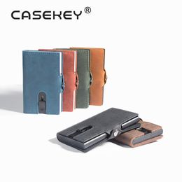 Men Extra Thin Zipper Genuine Leather Rfid Blocking ID Card Case Metal Wallets