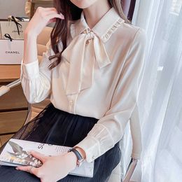 Korean Women Shirt Chiffon Blouse for Female Long Sleeve s Tops Woman White Polo-Neck Plus Size Basic 210604