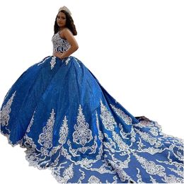 2022 Bling Dark Blue Sequins Tulle Quinceanera Dresses Long Train Ivory Floral Applique Beaded Crystal V-neck Lace-up Sweet 15 16 Girls Prom Dress