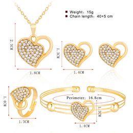 Fashion Exquisite Double Love Hollow Inlaid Diamond Necklace Earrings Bracelet Ring Set Wedding Gift African Nigeria Dubai Gold Jewellery Sets for Women