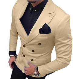 Slim Fit Men Suits with Double Breasted Wedding Tuxedo for Groomsmen Peaked Lapel Male Blazer with Pants Male Fashion Costume X0909