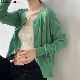 Korean Solid Thin Knitted Cardigan Sweater Women Full Sleeve O-neck Single Breasted Sunscreen Tops Jumpers Femme 210513