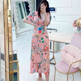 Maxi print Dress Summer Korean ladies sexy SHort Sleeve V neck Boho Long party Wear for women 210602