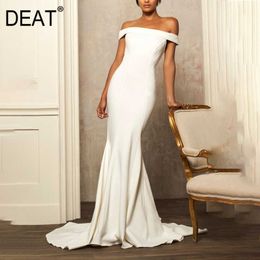 [DEAT] Summer Fashion Slash Neck High Waist Card Shoulder Floor-length Sleeveless Solid Colour Dress Women 13D144 210527