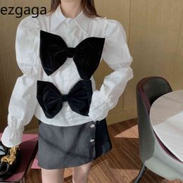 Ezgaga White Shirts Office Lady Korean Fashion Chic Patchwork Velour Bowknot Long Sleeve Women Blouse Sweet Streetwear Blusas 210430