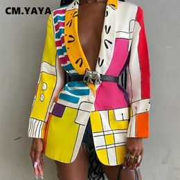 CM.YAYA Women Blazers Print Full Sleeve Notched Collar Single Button Straight Coats Office Lady Fashion Clothing Autumn 211122