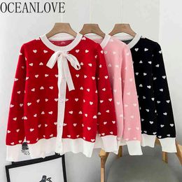 Print Love Sweet Cardigans Bow Lace Up Autumn Winter Japan Kawaii Woman Sweaters Mujer Chaqueta 19093 210415