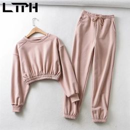 Thick warm Outfits women tracksuit 2 piece set Solid Short Loose Sports Sweatshirts High Waist Pant Sets Spring 210427