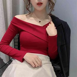 New Spring Autumn European Clothes Sexy Slash Neck T-shirt Women Tops Long Sleeve Ropa Mujer Bottoming Shirt Tees T02211 210330