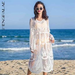 Lace Transparent Sunscreen Pullover Dress Women's Summer Round Neck Thin Long Sleeve Mid-calf Dresses 5C499 210427