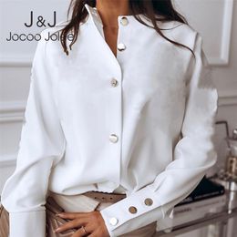 Jocoo Jolee Women Elegant Spring Long Sleeve Metal Button Blouses Office Lady Shirt Casual Loose Blouse Tops Plus Size 3XL 210518